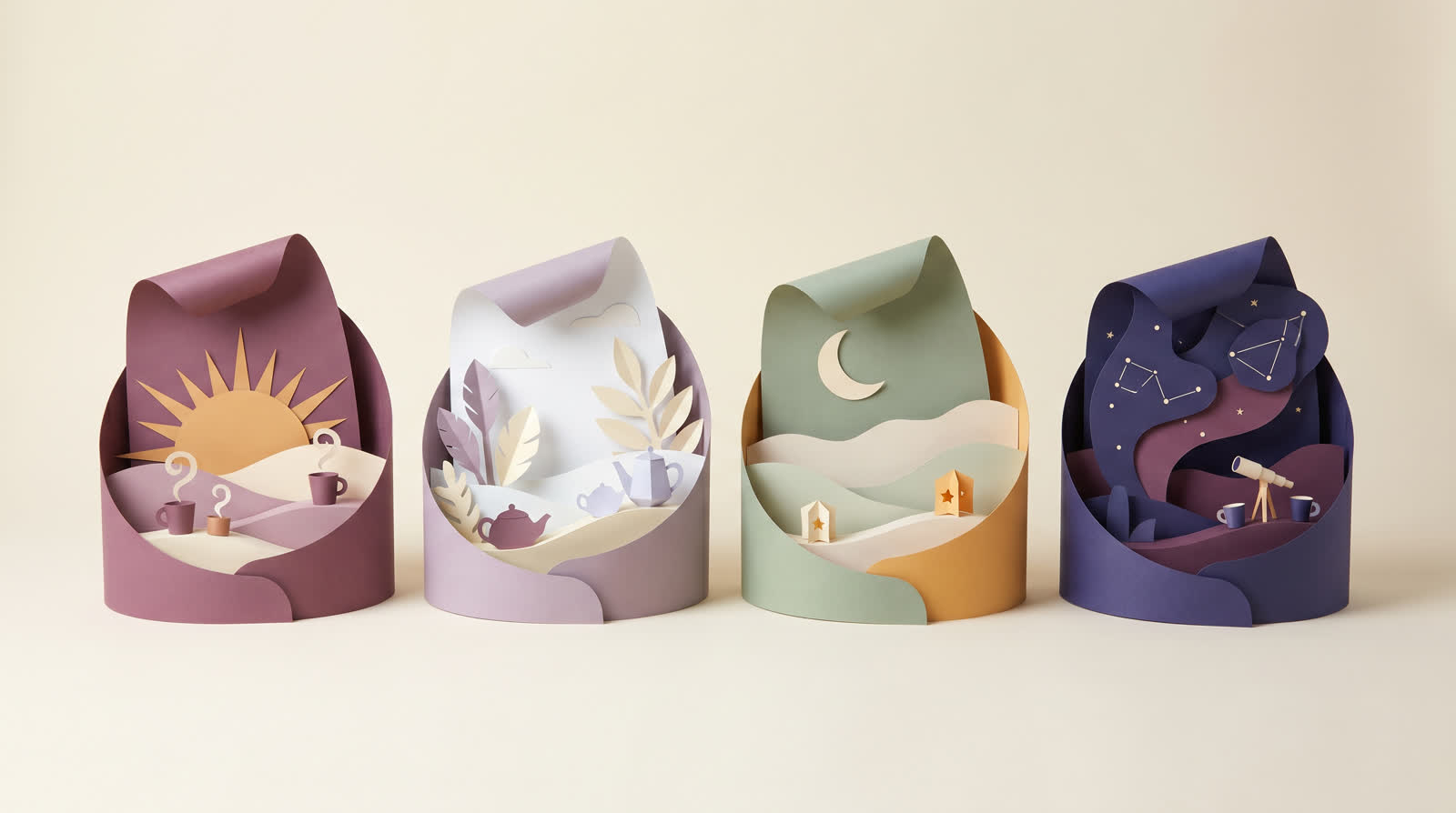 Four papercraft scenes — morning sunrise, bright afternoon, dusk evening, and starry night — each with a small paper teacup