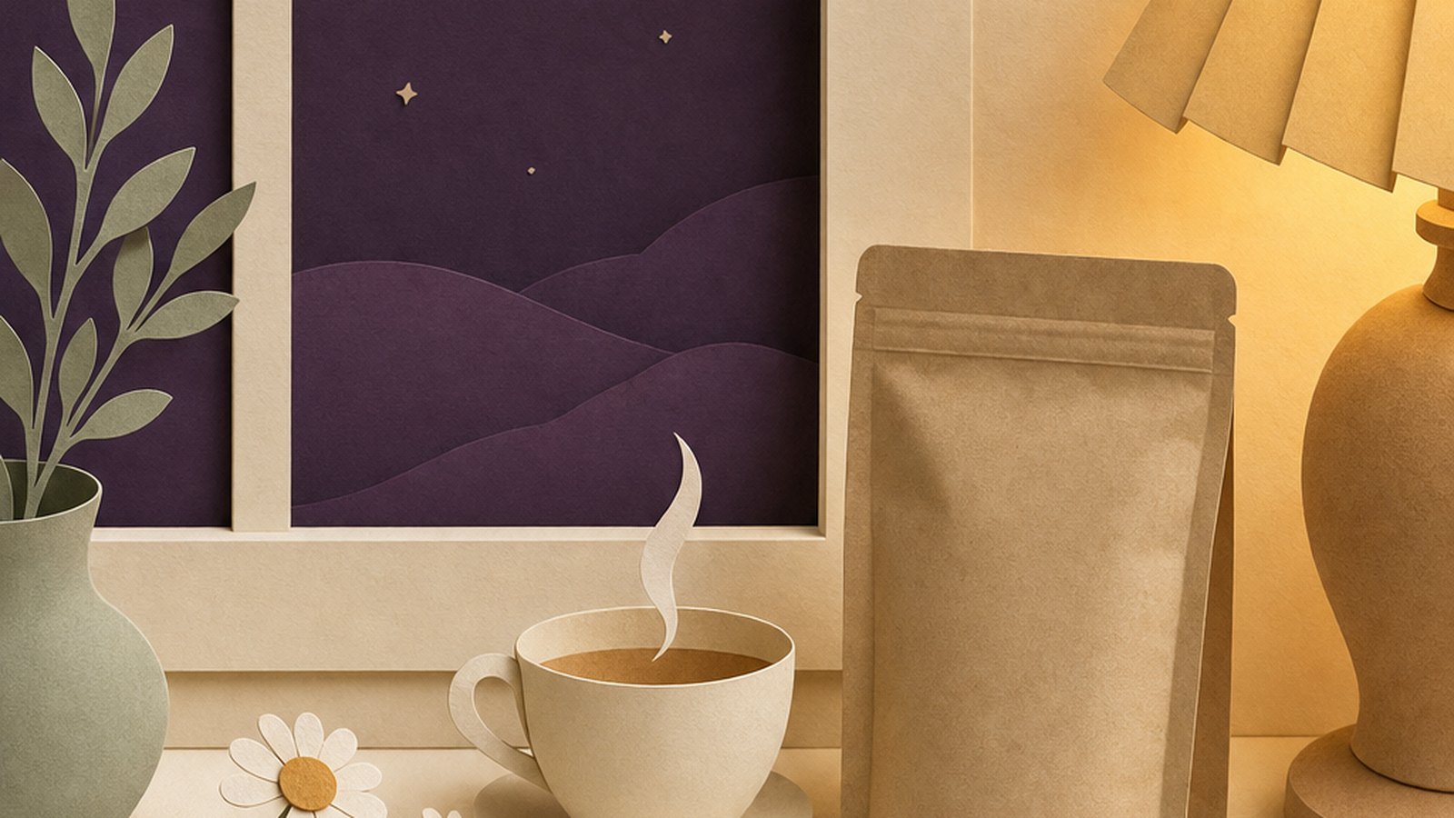Papercraft evening scene with a paper teacup, an opaque kraft tea pouch, lavender and chamomile beside a twilight window