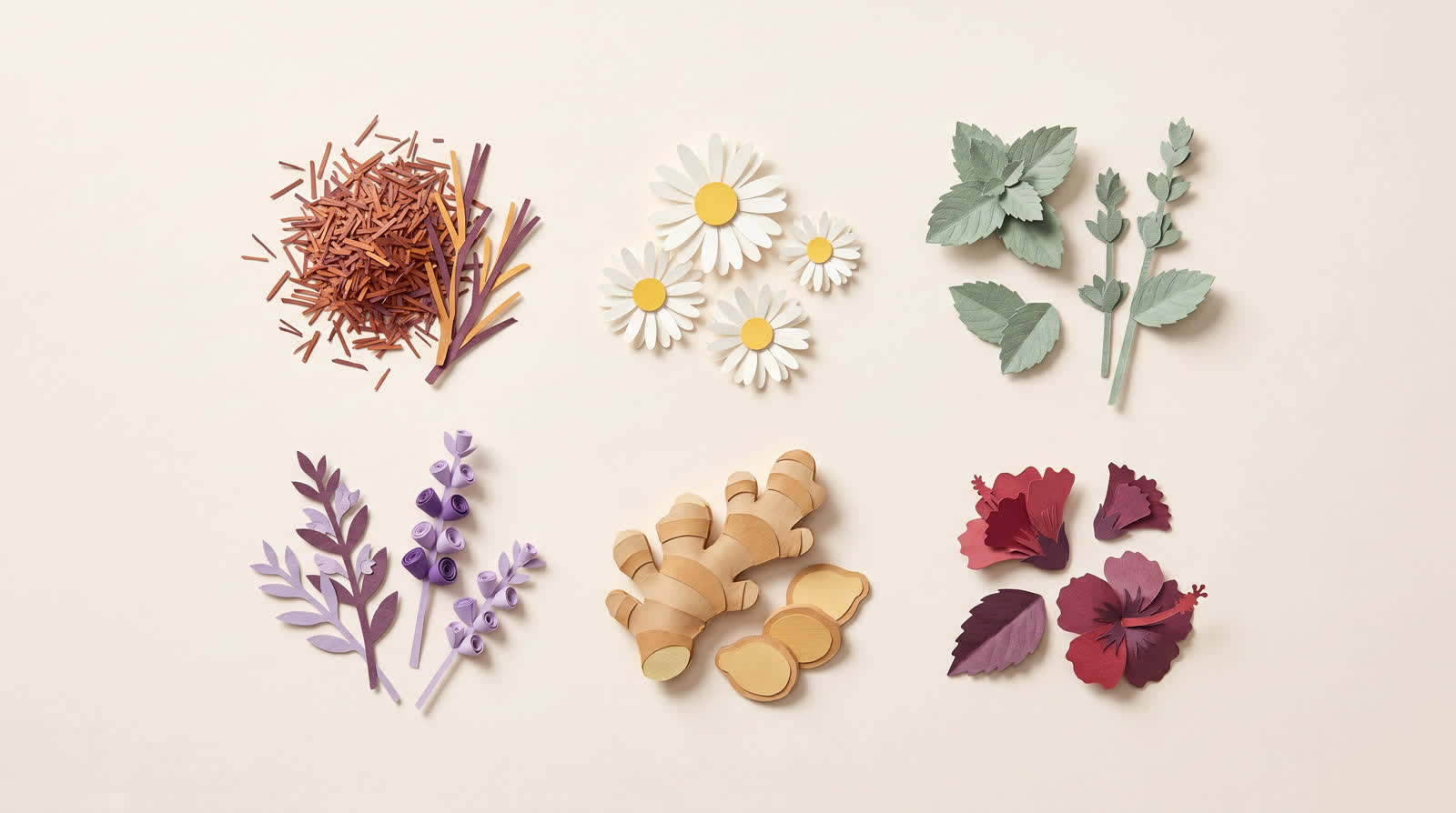 Papercraft botanical grid of rooibos, chamomile, peppermint, lavender, ginger, and hibiscus