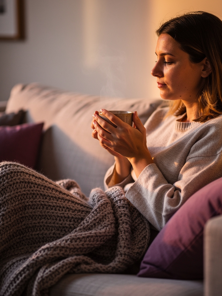 A person unwinding on a sofa with a warm cup of Varitea in soft evening light