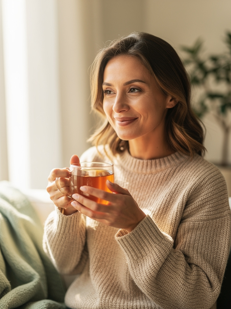A calm person enjoying a warm cup of Varitea by a sunlit window in the morning