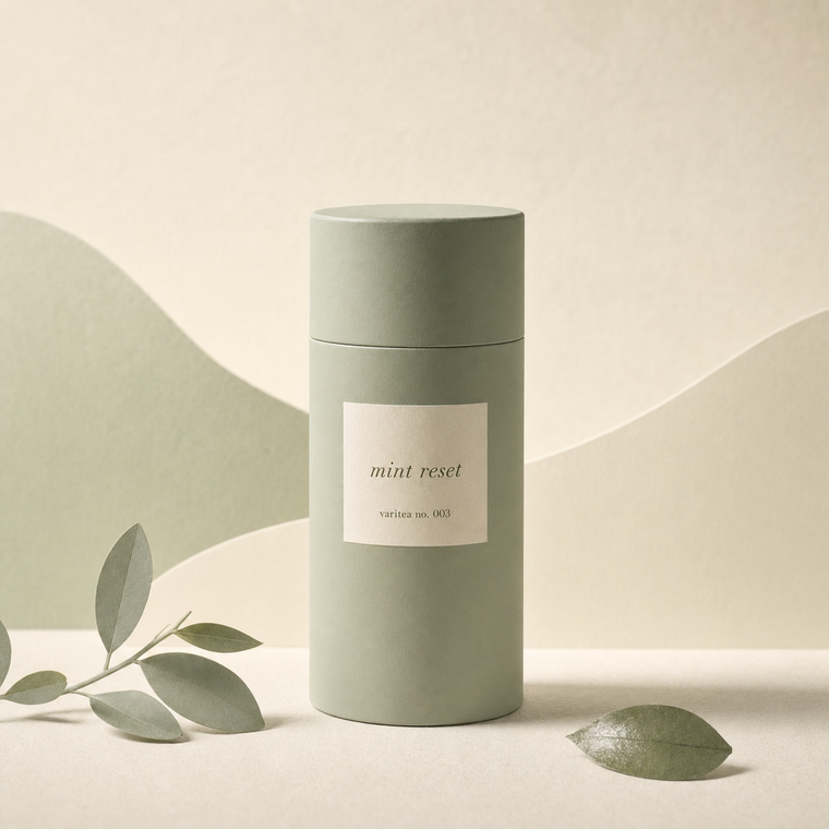 Mint Reset tea canister in soft sage green with a cream label