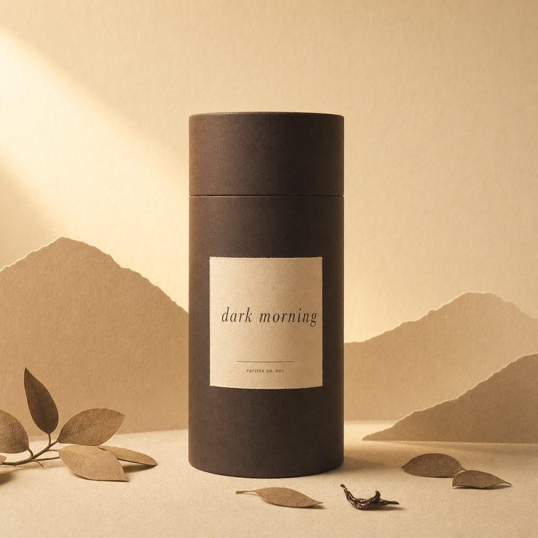 Dark Morning tea canister in matte roasted brown with a cream label