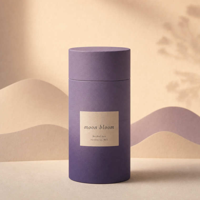 Moon Bloom tea canister in dusk lavender violet with a cream label
